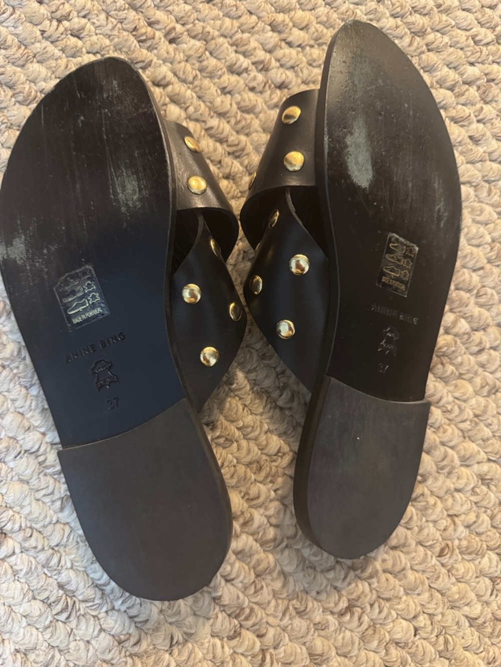 Anine Bing Black Leather Studded Slide Sandals - Picture 4 of 6